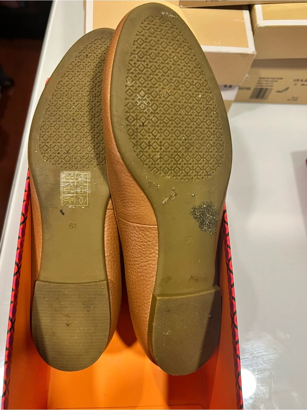 Tory Burch Cognac Leather Ballet Flats with Gold Logo